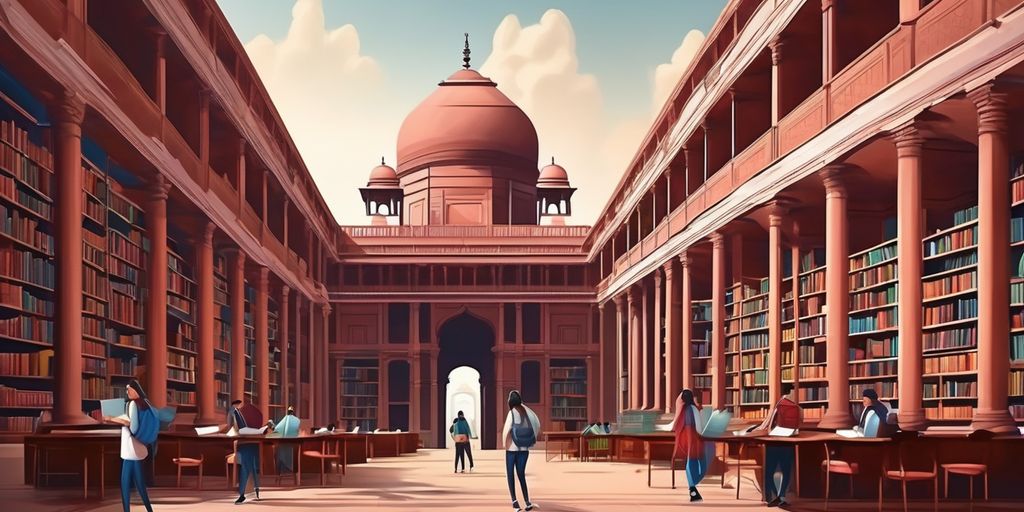 students studying in library with Delhi landmarks