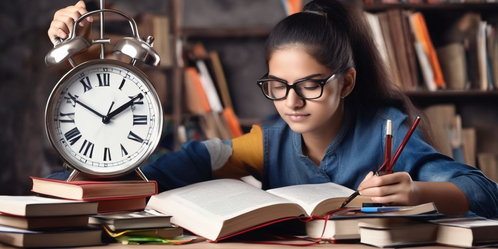 student studying with books and clock, preparation for CLAT exam